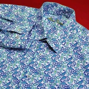 Alan Flusser Mens Paisley Colorful Print Button Down Shirt White Blue Size L
